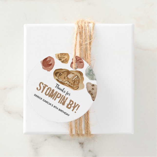 Fossil dinosaur birthday party favor tag (In Situ)