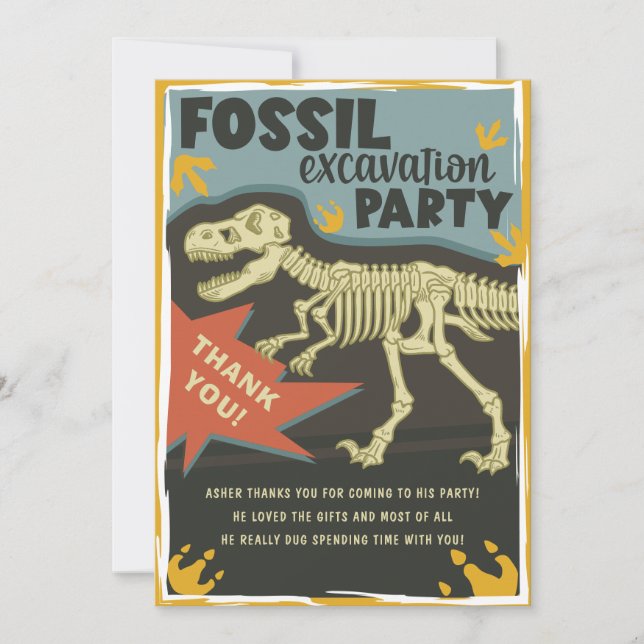 Fossil Excavation Dinosaur Birthday Party Thank You Card (Front)