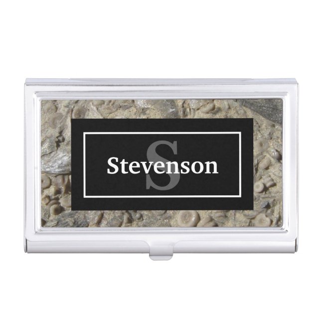 Fossil Limestone Rock with Name and Monogram Business Card Case (Front)