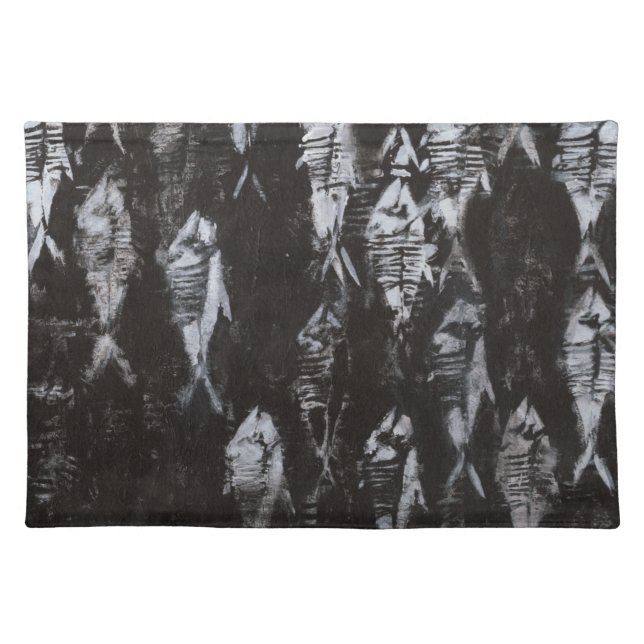 Fossil White Fish on Black Background Cloth Placemat (Front)