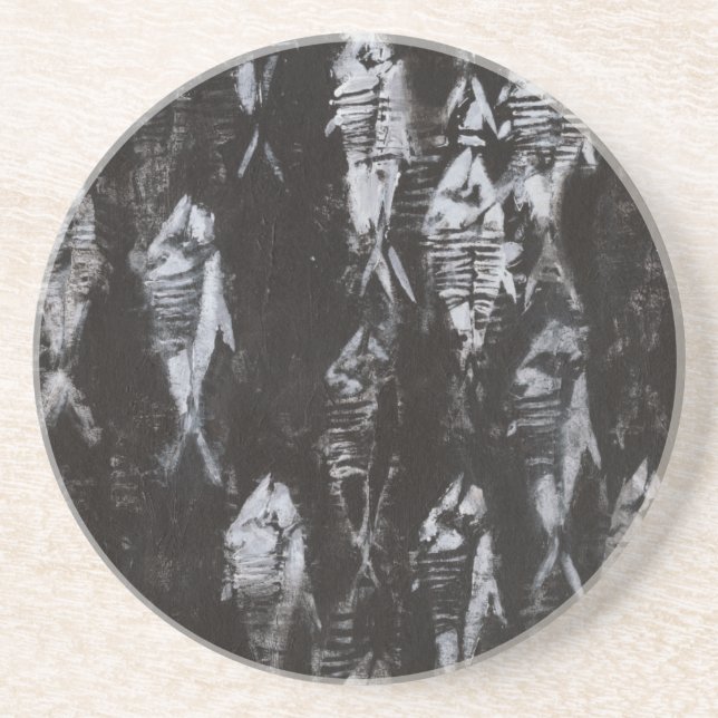 Fossil White Fish on Black Background Sandstone Coaster (Front)