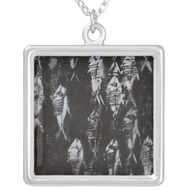 Fossil White Fish on Black Background Silver Plated Necklace (Front)