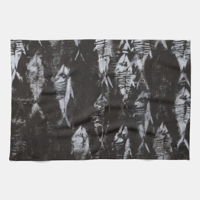 Fossil White Fish on Black Background Towel (Horizontal)
