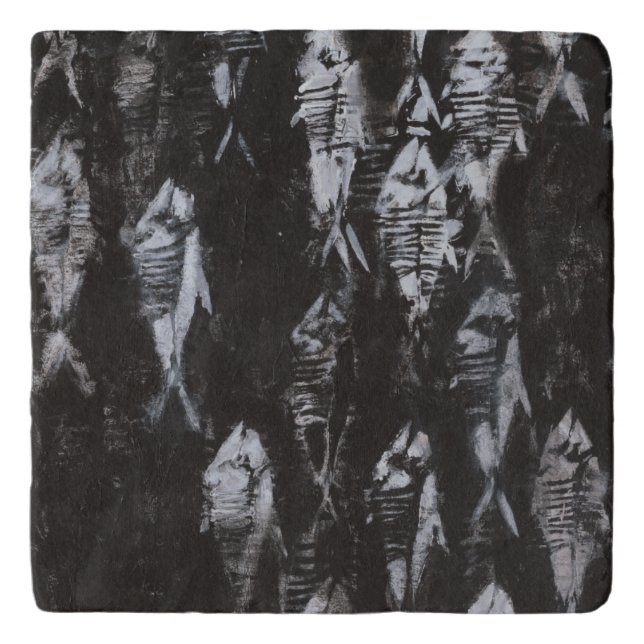 Fossil White Fish on Black Background Trivet (Front)