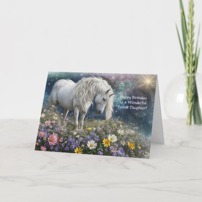 Foster Daughter Happy Birthday with Pretty Unicorn Card (Front)
