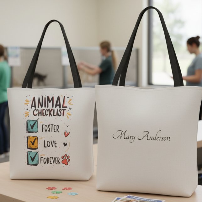 Foster Love Forever Animal Checklist Tote Bag (Animal checklist foster love forever tote — perfect holiday gift idea for rescue advocates.)