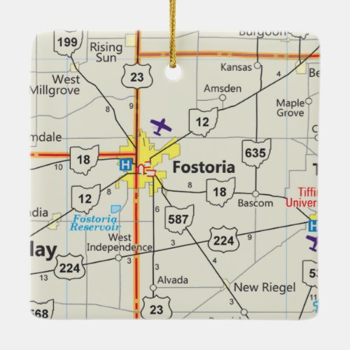 Fostoria Ohio Road Map Ceramic Ornament