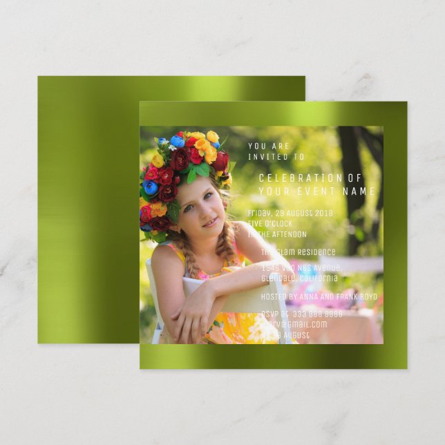 Foto Birthday Party Cali Green Metal Invitation (Front/Back)