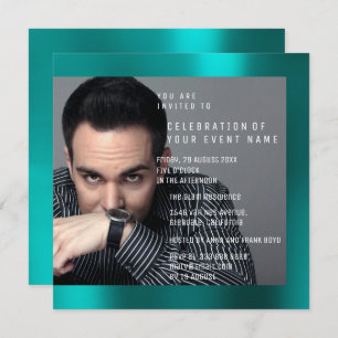 Foto Birthday Party Gray Teal Green VIP Metallic Invitation