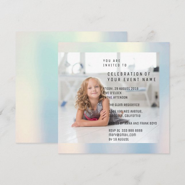 Foto Birthday Party Mother Pearl Metallic Invitation (Front/Back)