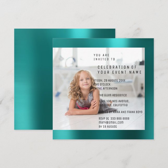 Foto Birthday Party Mother Pearl Teal Metallic Invitation (Front/Back)