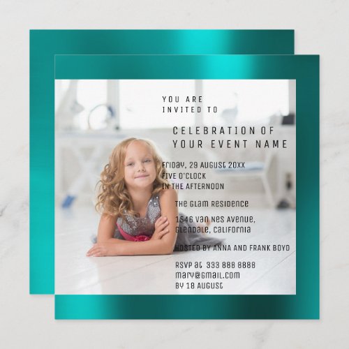 Foto Birthday Party Mother Pearl Teal Metallic Invitation