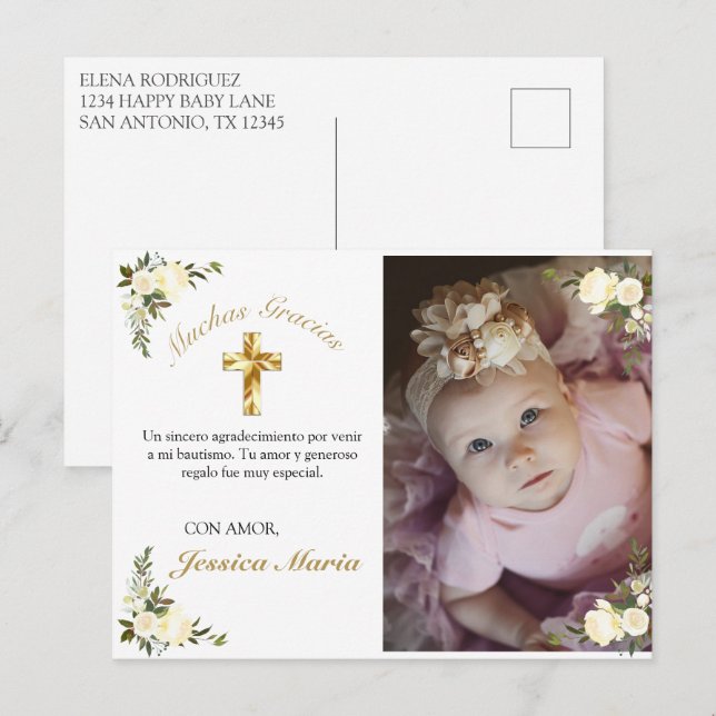 Foto De Bautismo De Cruz De Oro Floral Gracias Postcard (Front/Back)