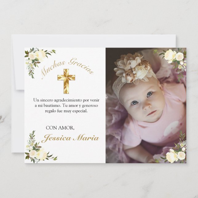 Foto De Bautismo De Cruz De Oro Floral Gracias Thank You Card (Front)