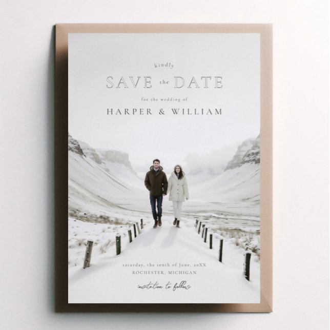 foto wintery wedding save the date foil invitation (Save the date in silver foil on your own background photo)