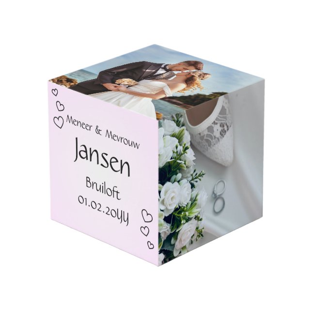 Fotokubus Bruiloft – Lichtroze met Hartjes - Cube (Front Angled)