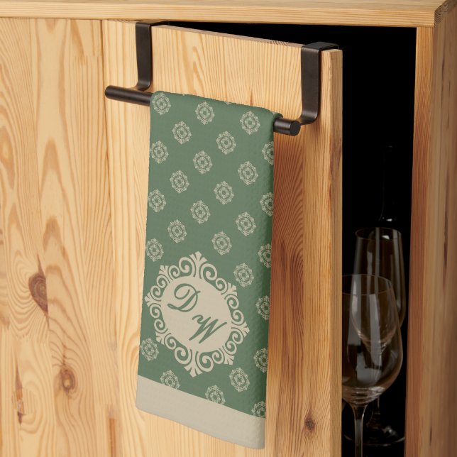 Foulard rosette geometric pattern, sage green kitchen towel (Thirds Fold)