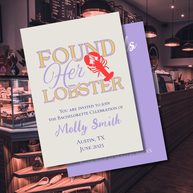 Found Her Lobster Cute Bachelorette Itinerary Invitation (Found Her Lobster invite with modern font – perfect for engagement or 90s bridal celebrations!)