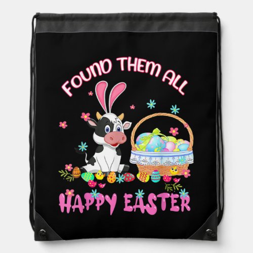 Found Them All Happy Easter Cow Basket Egg Hunt Drawstring Bag