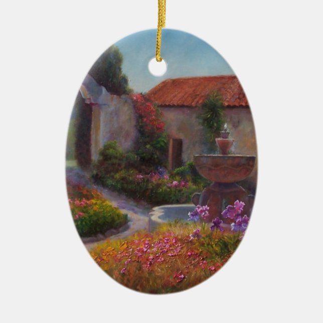 Fountain and Garden at Carmel Mission Ceramic Ornament (Front)
