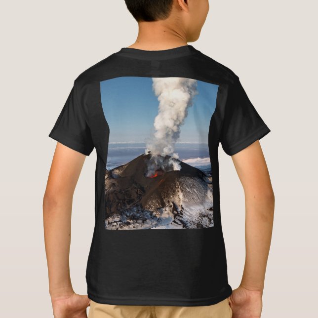 Fountain of hot lava erupts from crater volcano T-Shirt (Back)