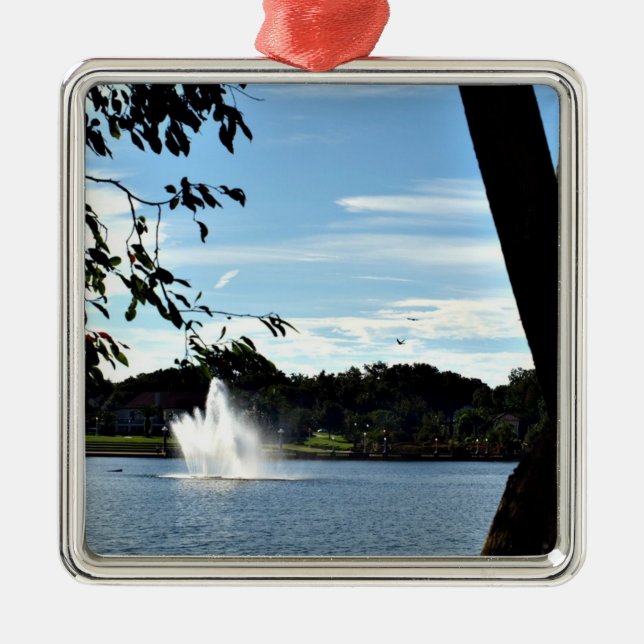 Fountain on Lake Mirror Metal Ornament (Front)