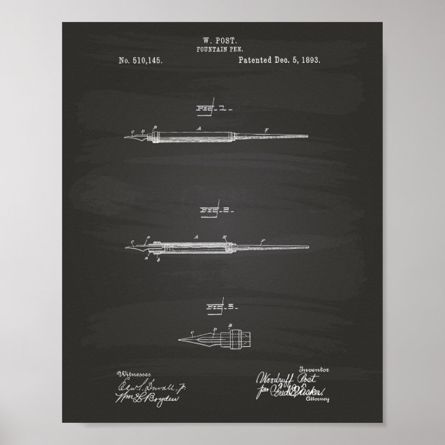 Fountain Pen 1893 Patent Art Chalkboard Poster (Front)