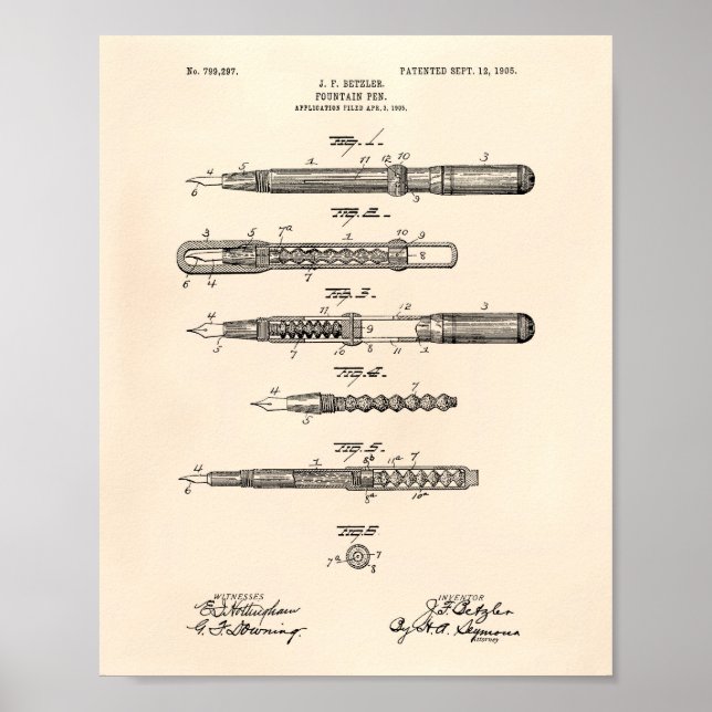 Fountain Pen 1905 Patent Art Old Peper Poster (Front)