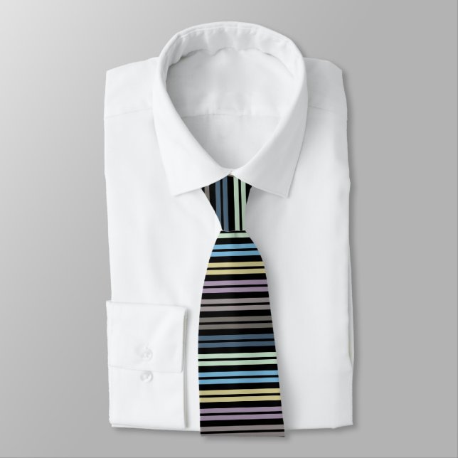 Fountain Pen Pastel Colored Stripes On Black Neck Tie (Tied)