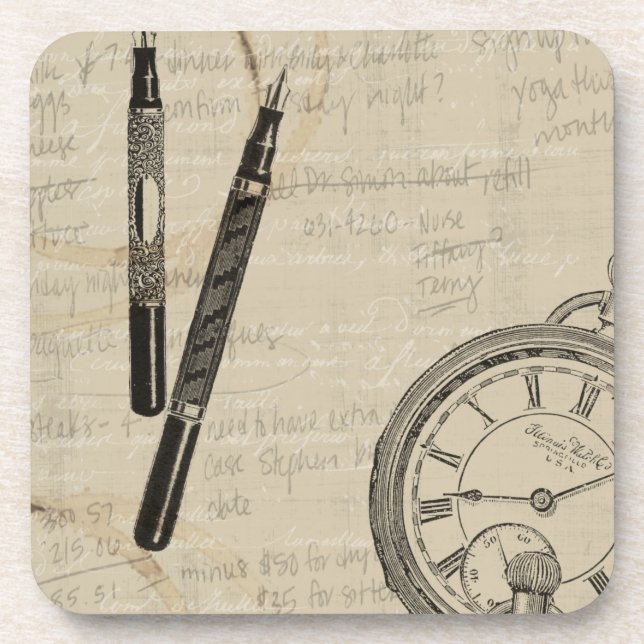 Fountain Pens and Watchface with Notes Beverage Coaster (Front)