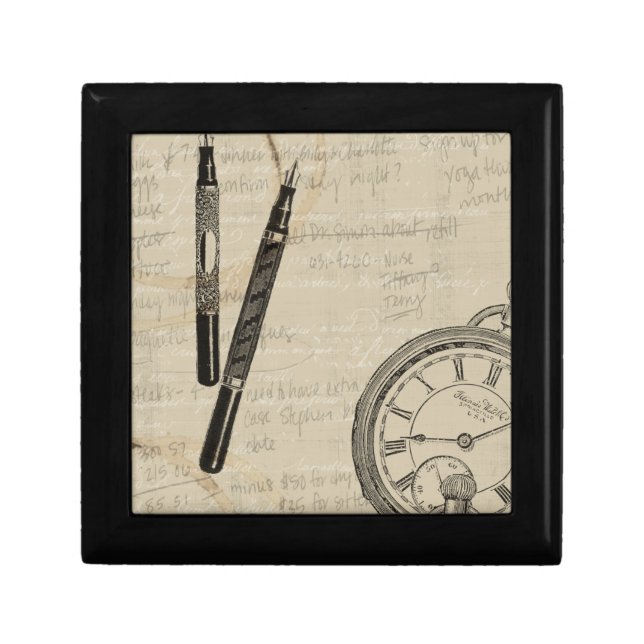 Fountain Pens and Watchface with Notes Jewelry Box (Front)