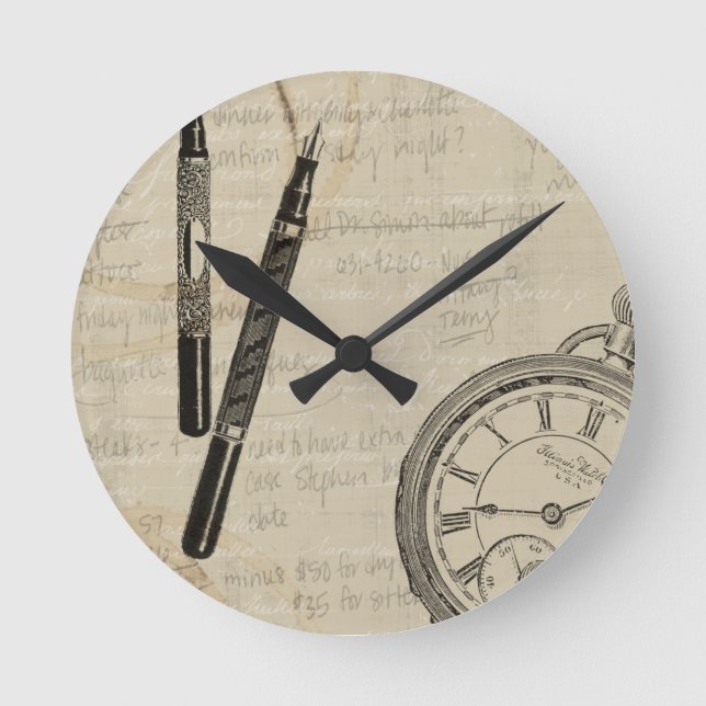 Fountain Pens and Watchface with Notes Round Clock (Front)