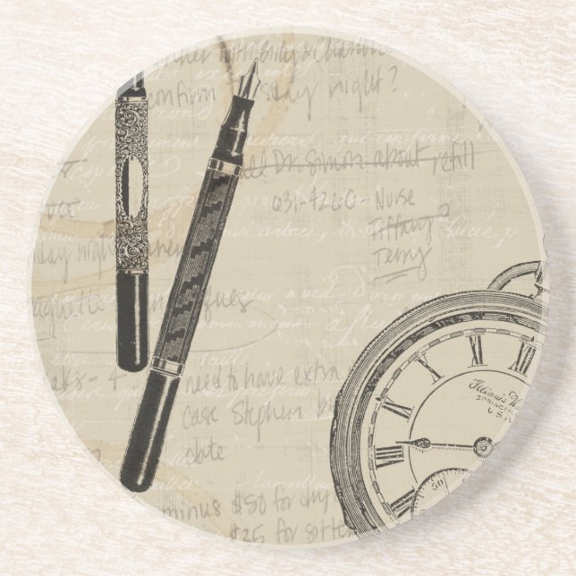 Fountain Pens and Watchface with Notes Sandstone Coaster (Front)