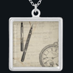 Fountain Pens and Watchface with Notes Silver Plated Necklace<br><div class="desc">Looks like someone was taking a lot of notes! This contemporary painting of fountain pens and a watchface illustrate the loss of time to the various mundane,  but important,  activities in our lives. Get your copy today!</div>
