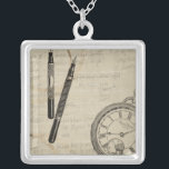 Fountain Pens and Watchface with Notes Silver Plated Necklace<br><div class="desc">Looks like someone was taking a lot of notes! This contemporary painting of fountain pens and a watchface illustrate the loss of time to the various mundane,  but important,  activities in our lives. Get your copy today!</div>