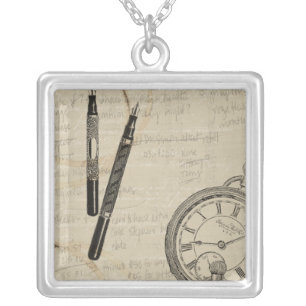 Fountain Pens and Watchface with Notes Silver Plated Necklace