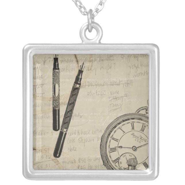 Fountain Pens and Watchface with Notes Silver Plated Necklace (Front)