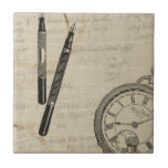 Fountain Pens and Watchface with Notes Tile<br><div class="desc">Looks like someone was taking a lot of notes! This contemporary painting of fountain pens and a watchface illustrate the loss of time to the various mundane,  but important,  activities in our lives. Get your copy today!</div>