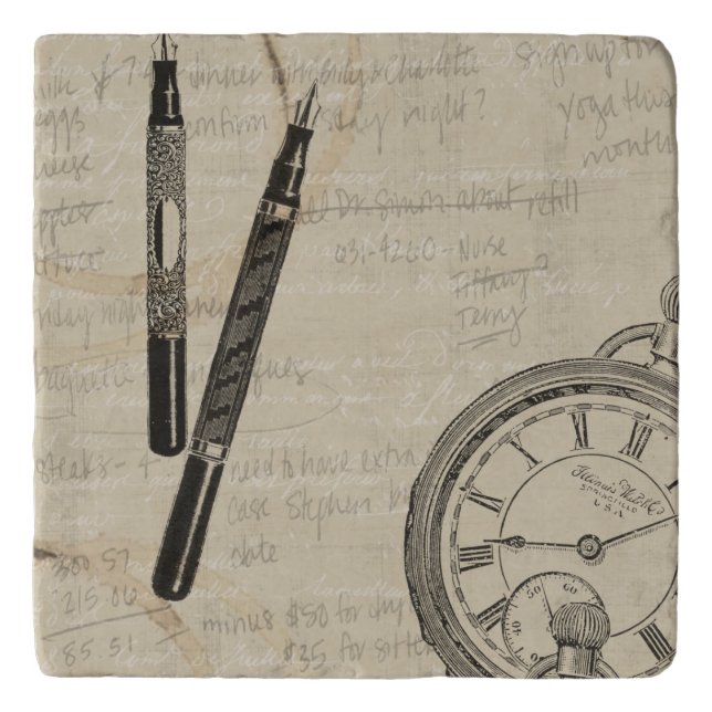 Fountain Pens and Watchface with Notes Trivet (Front)