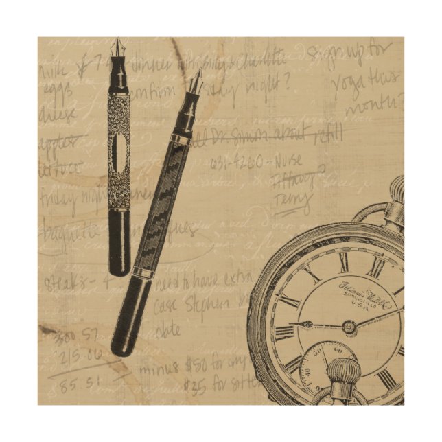 Fountain Pens and Watchface with Notes Wood Wall Decor (Front)