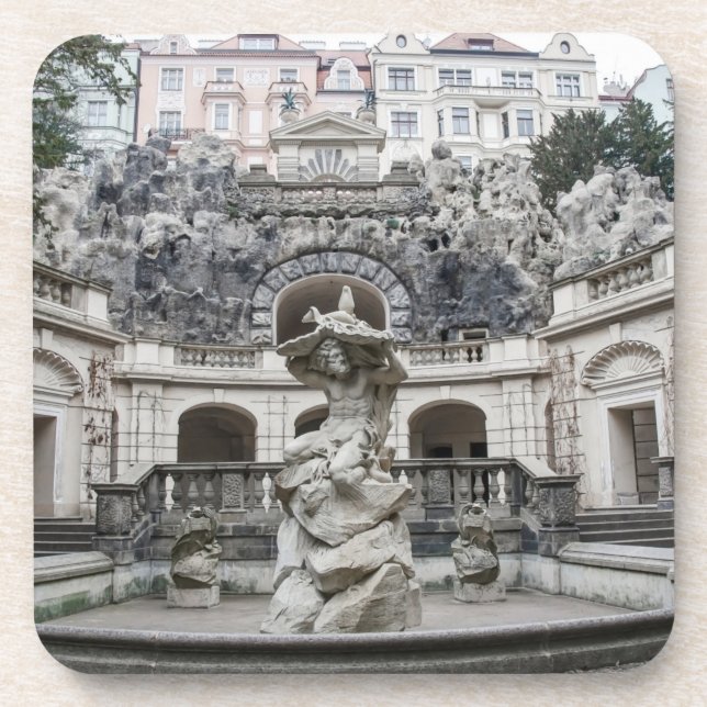Fountain with Neptune statue in Prague Beverage Coaster (Front)