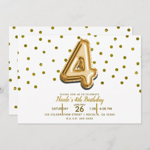 Four 4 Gold Balloon & Confetti 4th Birthday Party Invitation