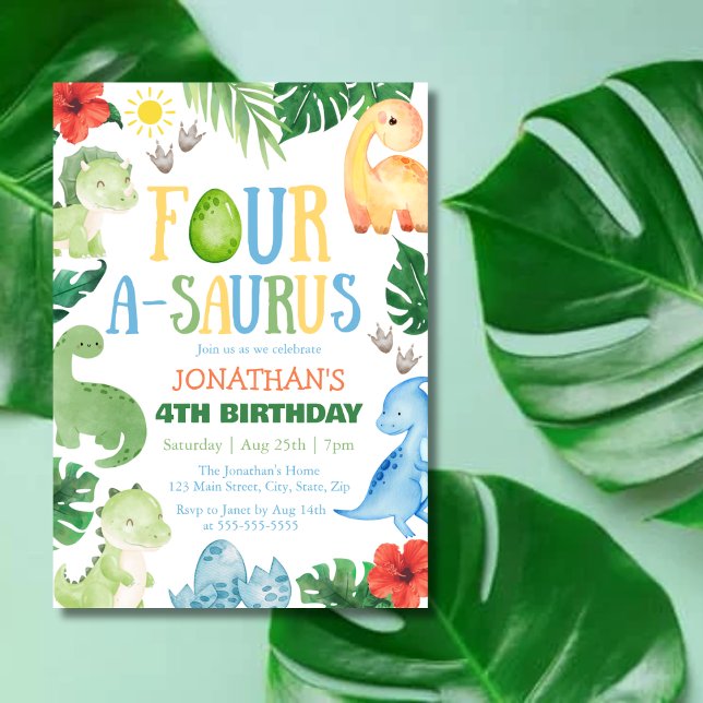 Four A-Saurus Dino 4th Birthday Invitation (Creator Uploaded)