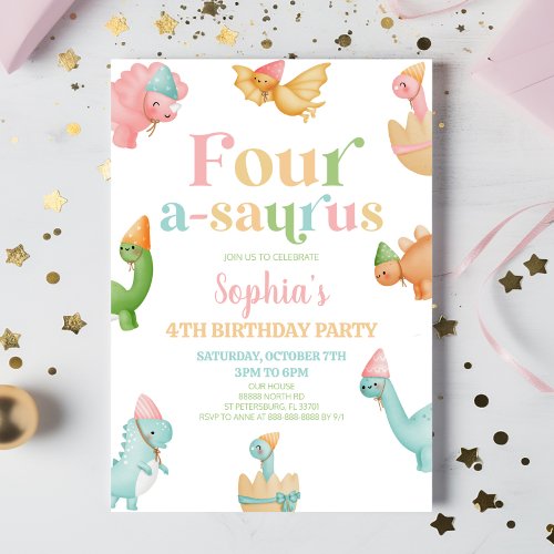 Four A_Saurus Dinosaur 1st First Birthday Party Invitation