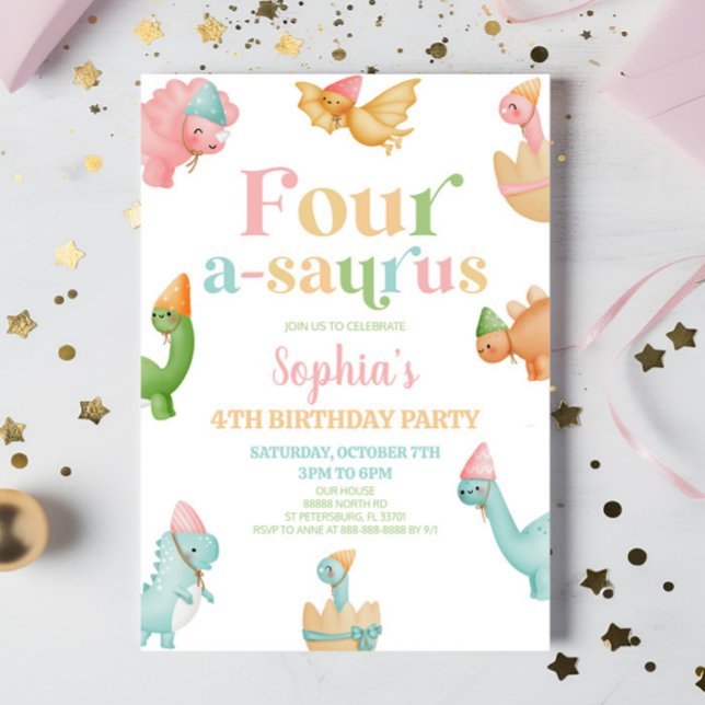 Four A-Saurus Dinosaur 1st First Birthday Party Invitation (Creator Uploaded)
