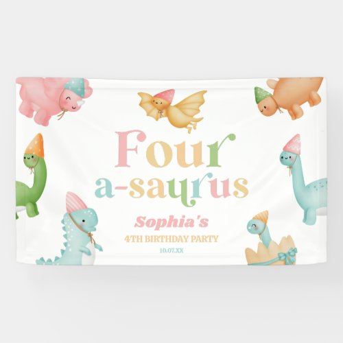 Four A_Saurus Dinosaur 4th Fourth Birthday Party Banner