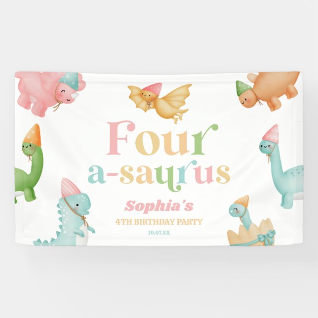 Four A-Saurus Dinosaur 4th Fourth Birthday Party Banner (Horizontal)