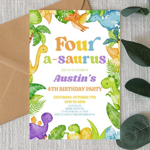 Four A_Saurus Dinosaur 4th Fourth Birthday Party Invitation