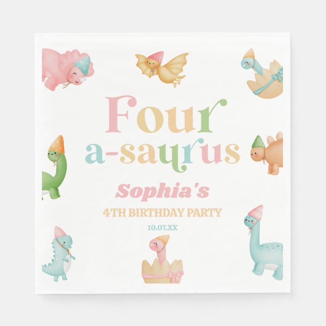Four A-Saurus Dinosaur 4th Fourth Birthday Party Napkins (Front)