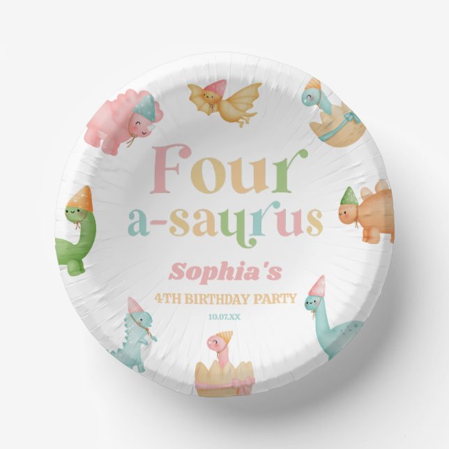 Four A-Saurus Dinosaur 4th Fourth Birthday Party Paper Bowls (Front)